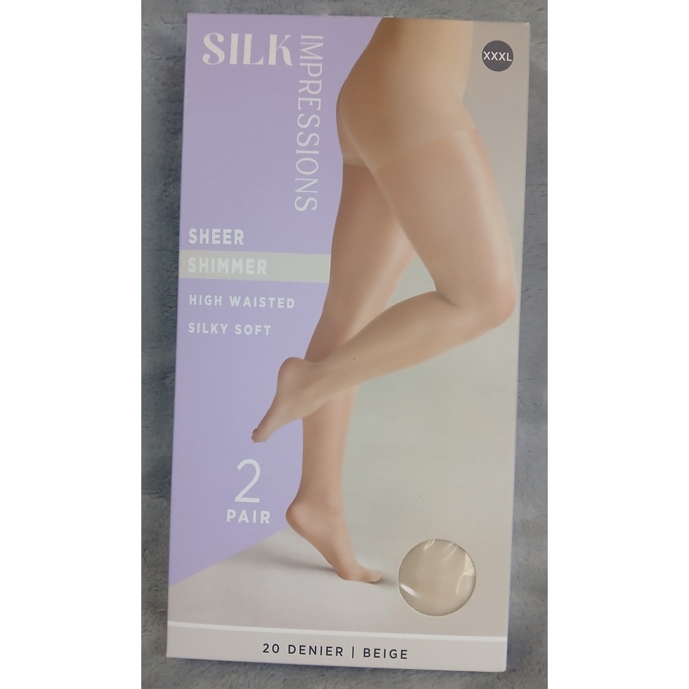 Silk Impression Sheer Shimmer High Waisted Pantyhose 2 Pair Beige XXXL 20 Denier